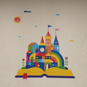 May include: A colorful illustration of a castle emerging from an open book. The castle is made of geometric shapes and has a rainbow archway. The book is yellow with blue pages and a red bookmark.