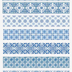 May include: A set of six blue and white tile patterns with intricate floral and geometric designs. These patterns are perfect for creating a traditional or modern look in any space.