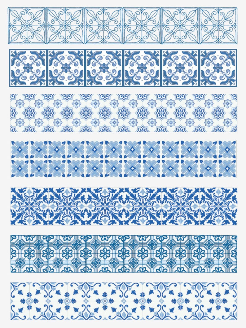 May include: A set of six blue and white tile patterns with intricate floral and geometric designs. These patterns are perfect for creating a traditional or modern look in any space.
