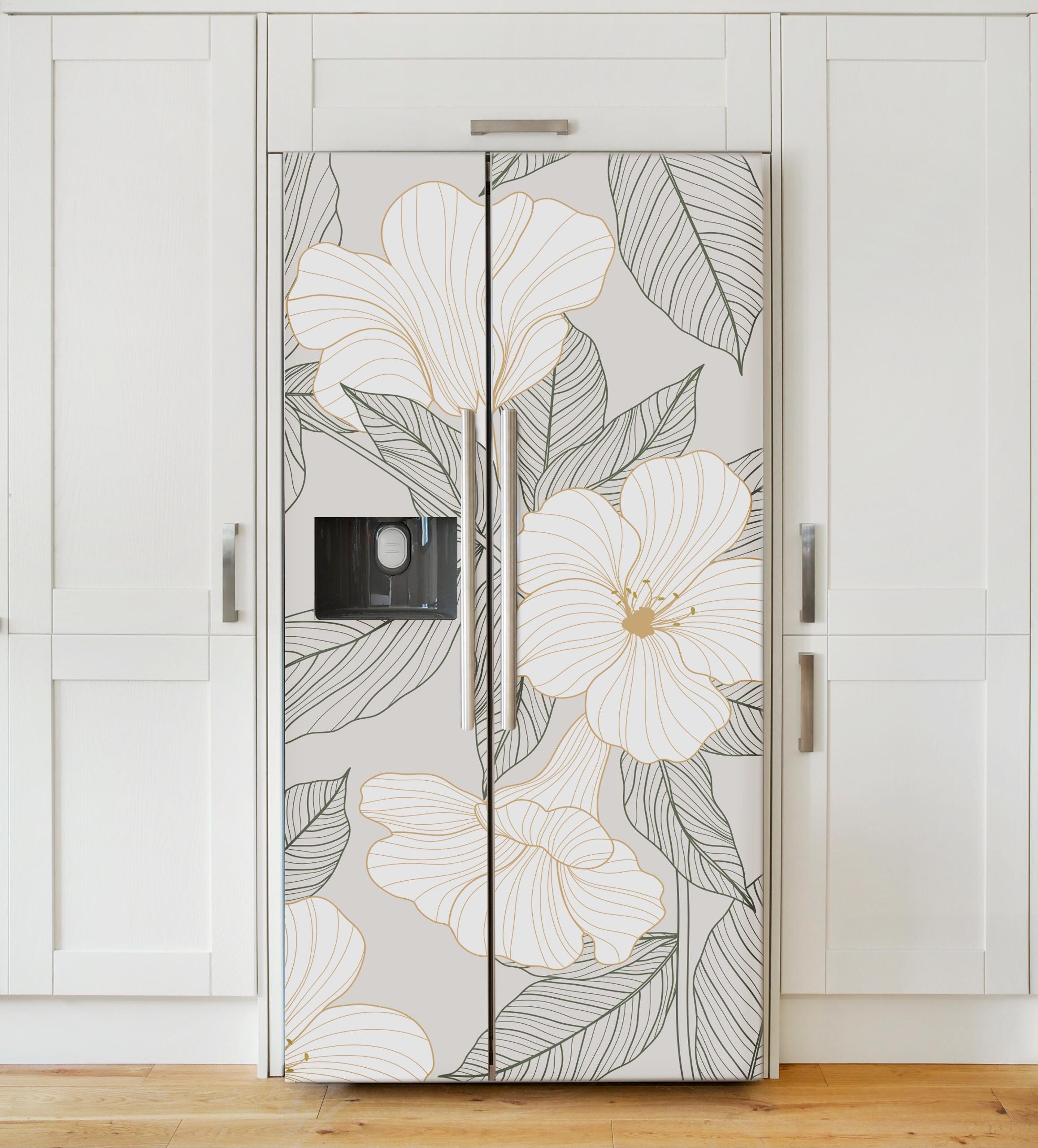 Fridge Wrap Vinyl Floral, Refrigerator Skin, Top Bottom Freezer Decals ...