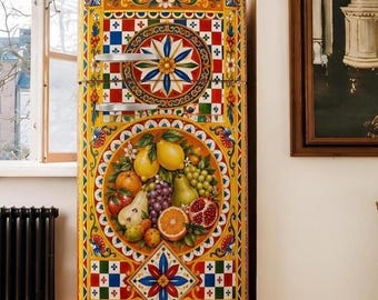 Maximalistische Kühlschrankfolie, bunte Obst-Kühlschrankfolie, verspielter Vintage-Aufkleber für die Küchendekoration