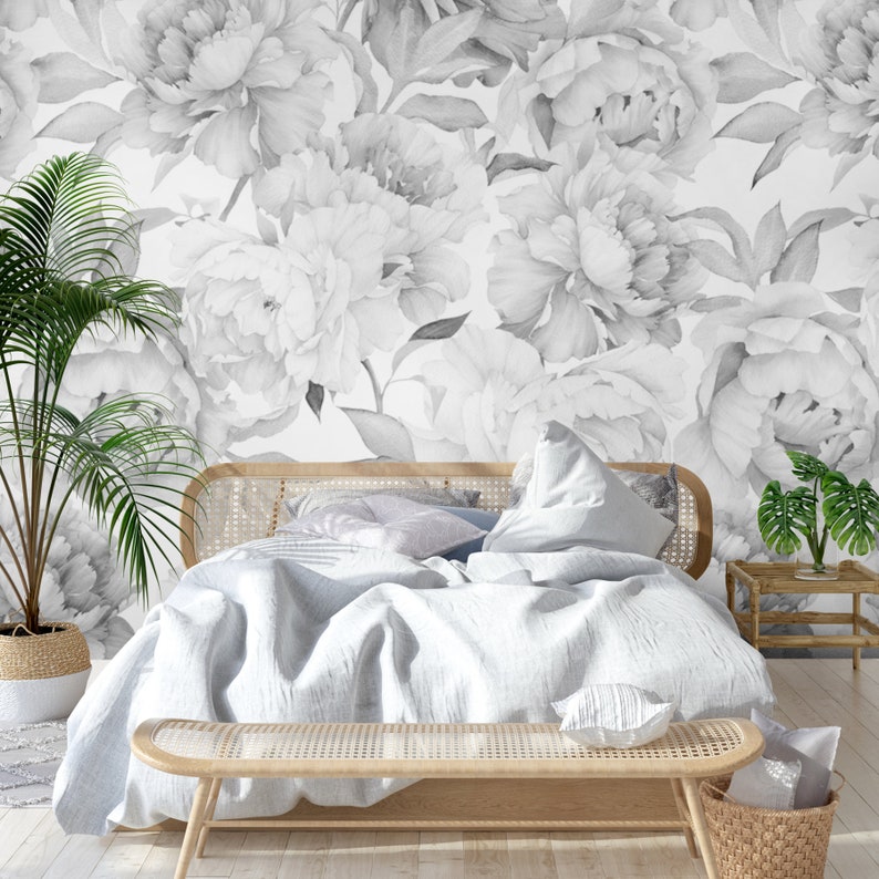 Peony Wallpaper Black and White Peonies Wallpaper Peel and Etsy