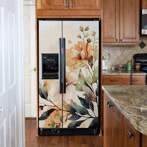 Pellicola adesiva per frigorifero, motivo floreale beige, per frigorifero, lato a lato, decorativa, per congelatore, parte superiore e inferiore, autoadesiva, decorazione da cucina con fiori.