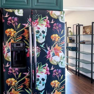 Gothic Refrigerator Wrap Side by Side, Vinyl Skull Black Tropical Fridge Wrap Decal Freezer Bottom Fridge Cover Dark Kitchen Decor Removable