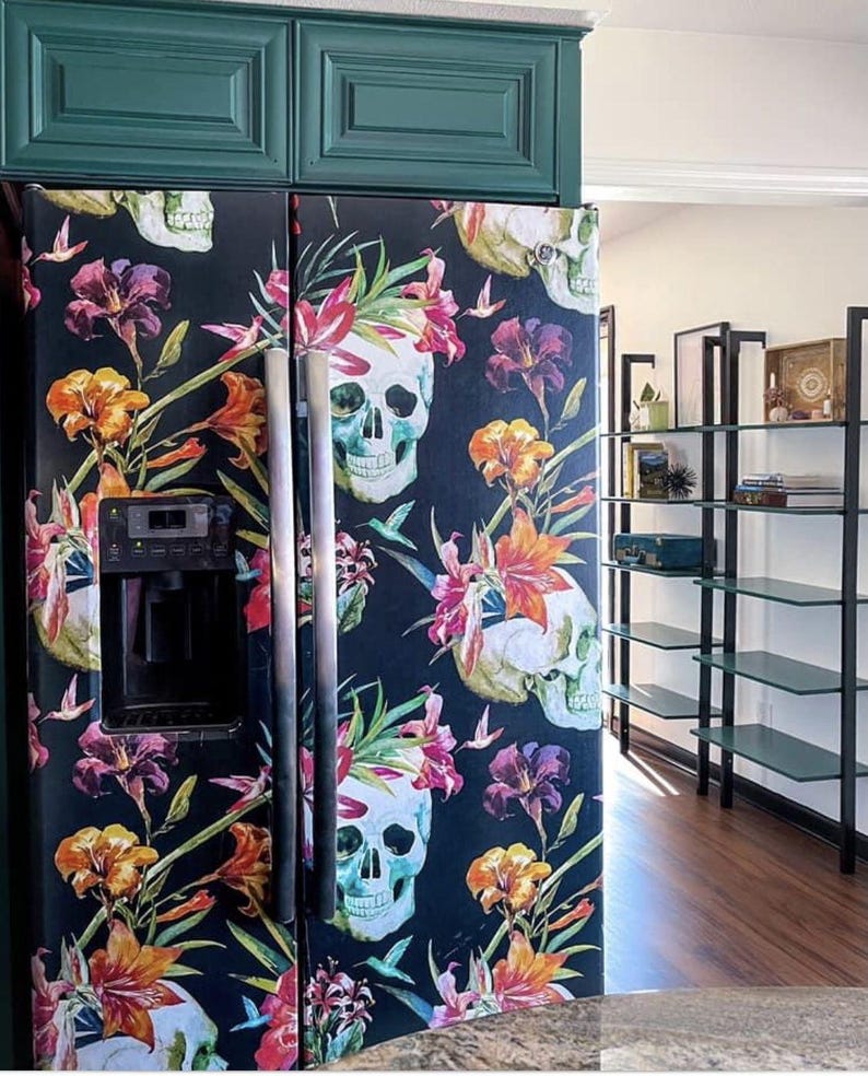Gothic Refrigerator Wrap Side by Side, Vinyl Skull Black Tropical Fridge Wrap Decal Freezer Bottom Fridge Cover Dark Kitchen Decor Removable