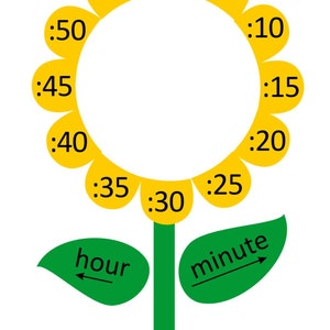 May include: A yellow flower with a white center and numbers around the petals representing minutes. The flower has a green stem and two green leaves with the words "hour" and "minute" written on them.