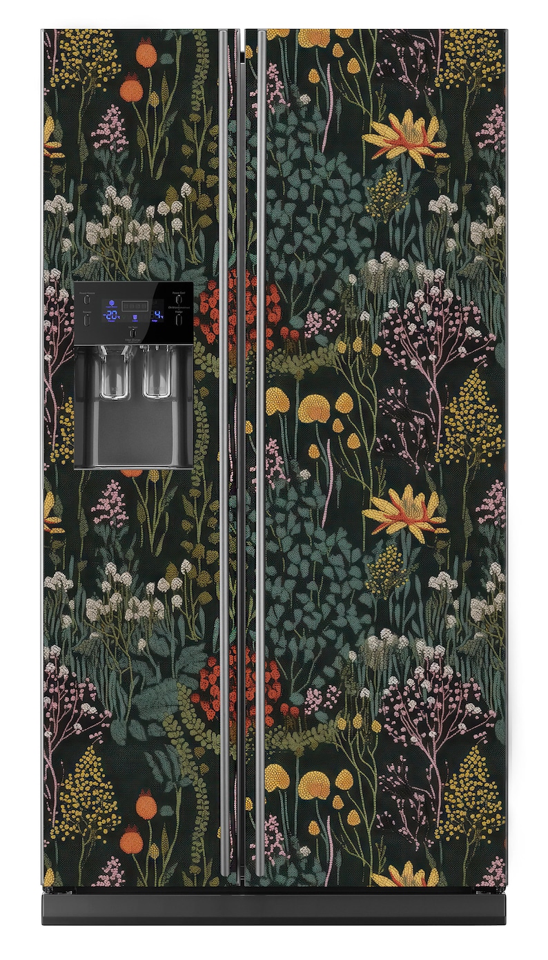 May include: A black refrigerator with a floral pattern on the doors. The pattern features a variety of flowers, leaves, and stems in shades of red, orange, yellow, green, and pink. The refrigerator has a water and ice dispenser on the door.