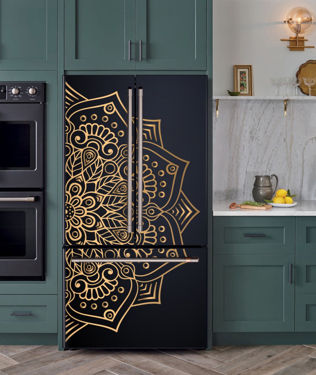 Black refrigerator sales with gold handles