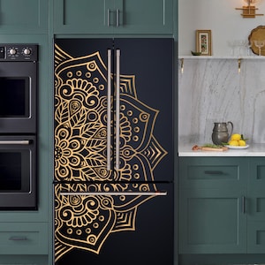 Black Fridge Wrap Mandala Refrigerator Wrap Side by Side Vinyl Cover Top Bottom Freezer Decorative Fridge Decals Wallpaper Kitchen Decor