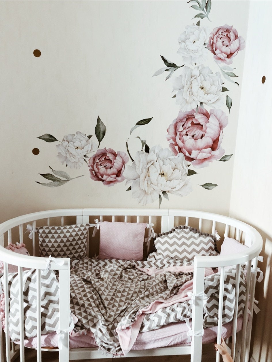 Peony Wall Decal With Name Wall Decal Girl, Flowers Wall Decals, Floral ...