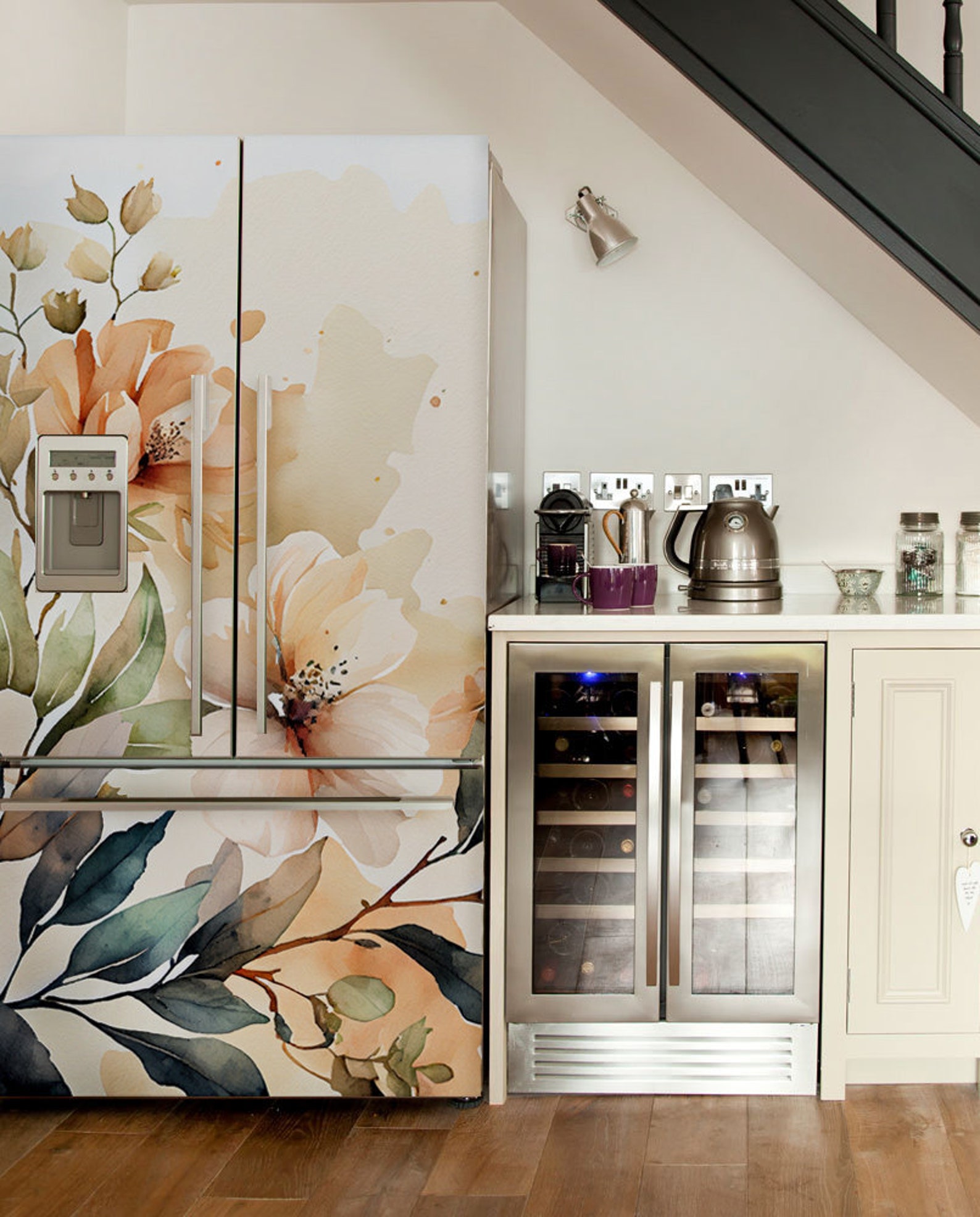 Fridge Wrap Floral Beige Refrigerator Wrap Vinyl Side by Side ...
