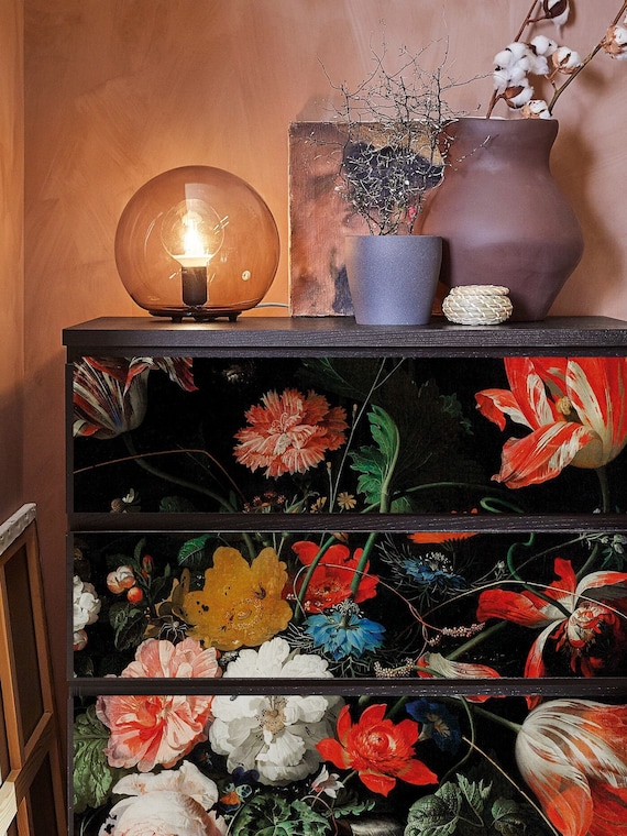 ikea malm black dresser Decal, Ikea Dresser Stickers, Malm wrap, Malm contact paper, Dark Floral decal dresser Hack, Dresser decals for bedroom Size:8 QUICK SHIP Perfect for bedrooms In Stock Blue Stripe Floral Cotton