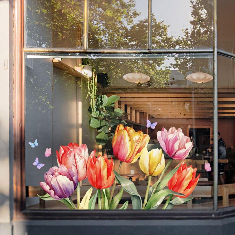 Spring Flower Window Decal, Tulips Window Stickers Decoration, Сoffee ...