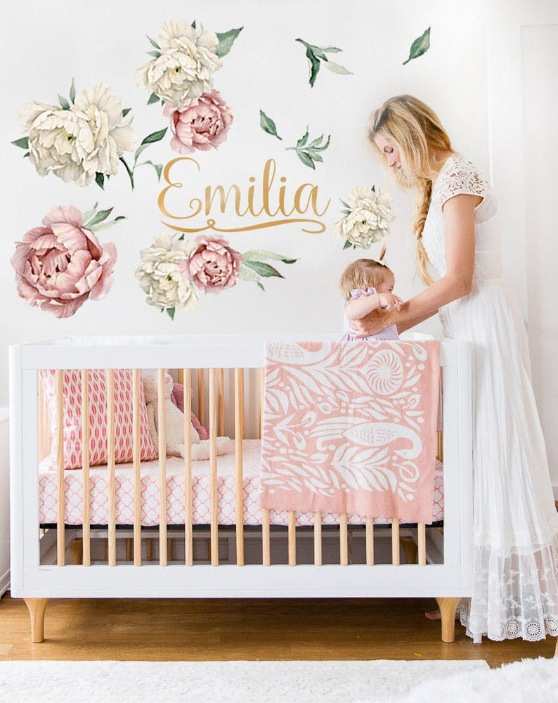 Peony Wall Decal With Name Wall Decal Girl Flowers Wall Etsy