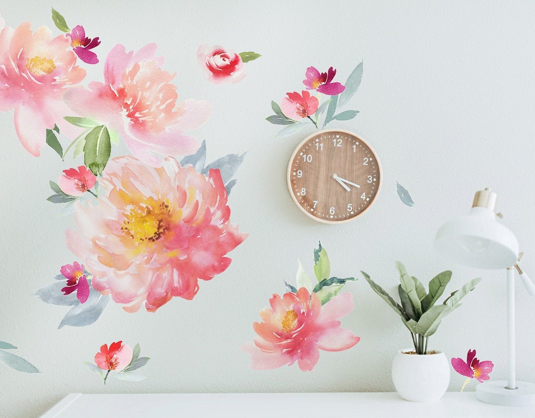 Peony Flower Wall Decals Peel and Stick, Watercolor Floral Vinyl ...