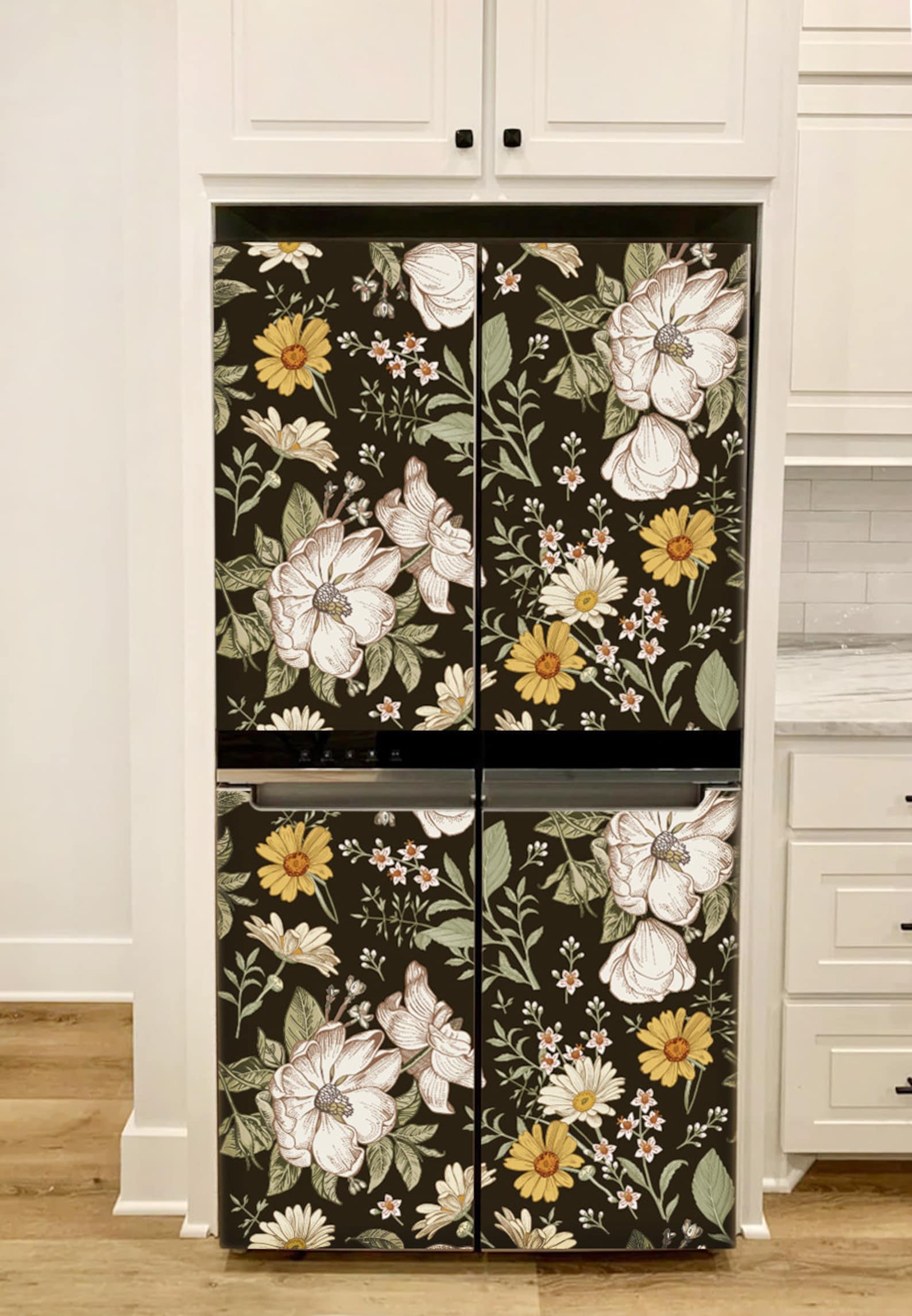 Fridge Wrap Vintage Floral Refrigerator Wrap Vinyl Side by Side Black ...