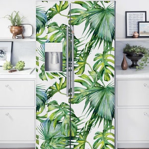 Refrigerator Wrap Side by Side Tropical Fridge Wrap Coastal Vinyl Decal Stickers Tropical Leaf Kitchen Decor Removable Green Fridge Decal