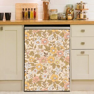 Dishwasher Magnet Cover Vintage Floral, Retro Flowers Kitchen Dishwasher Cover Magnetic Decal Vinyl, Boho Kitchen Decor Self Adhesive Wrap