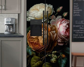 Floral Fridge Wrap Vintage Refrigerator Wrap Vinyl Side by Side Black Fridge Decals Bottom Decorative Self Adhesive Flower Kitchen Decor