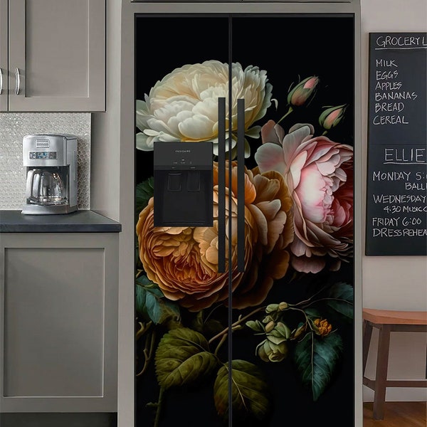 Floral Fridge Wrap Vintage Refrigerator Wrap Vinyl Side by Side Black Fridge Decals Bottom Decorative Self Adhesive Flower Kitchen Decor