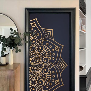 Gold Mandala Door Wrap Vinyl, Black Door Mural Peel & Stick Decals, Door Removable Skin, Self Adhesive Vinyl Wrap for Door Wallpaper Decor