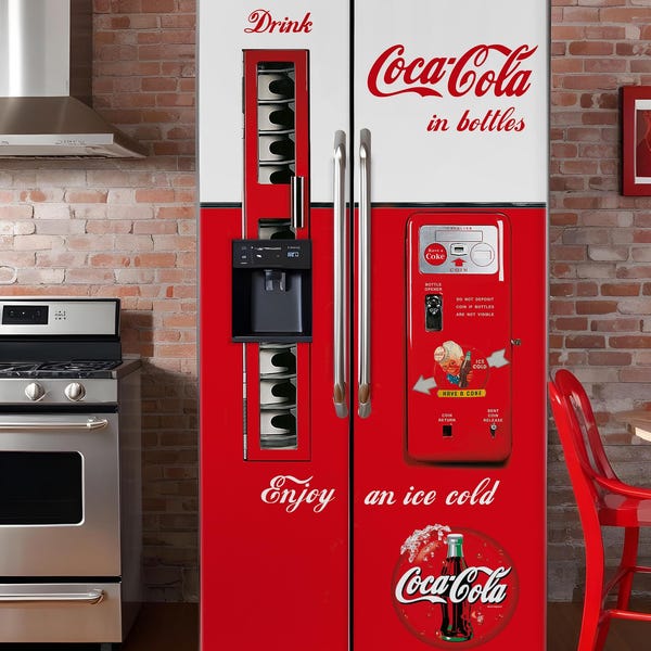 Vinilo decorativo vintage para refrigerador de dos puertas, letrero retro de Coca-Cola, adhesivo para refrigerador, cubierta de vinilo para congelador superior e inferior.