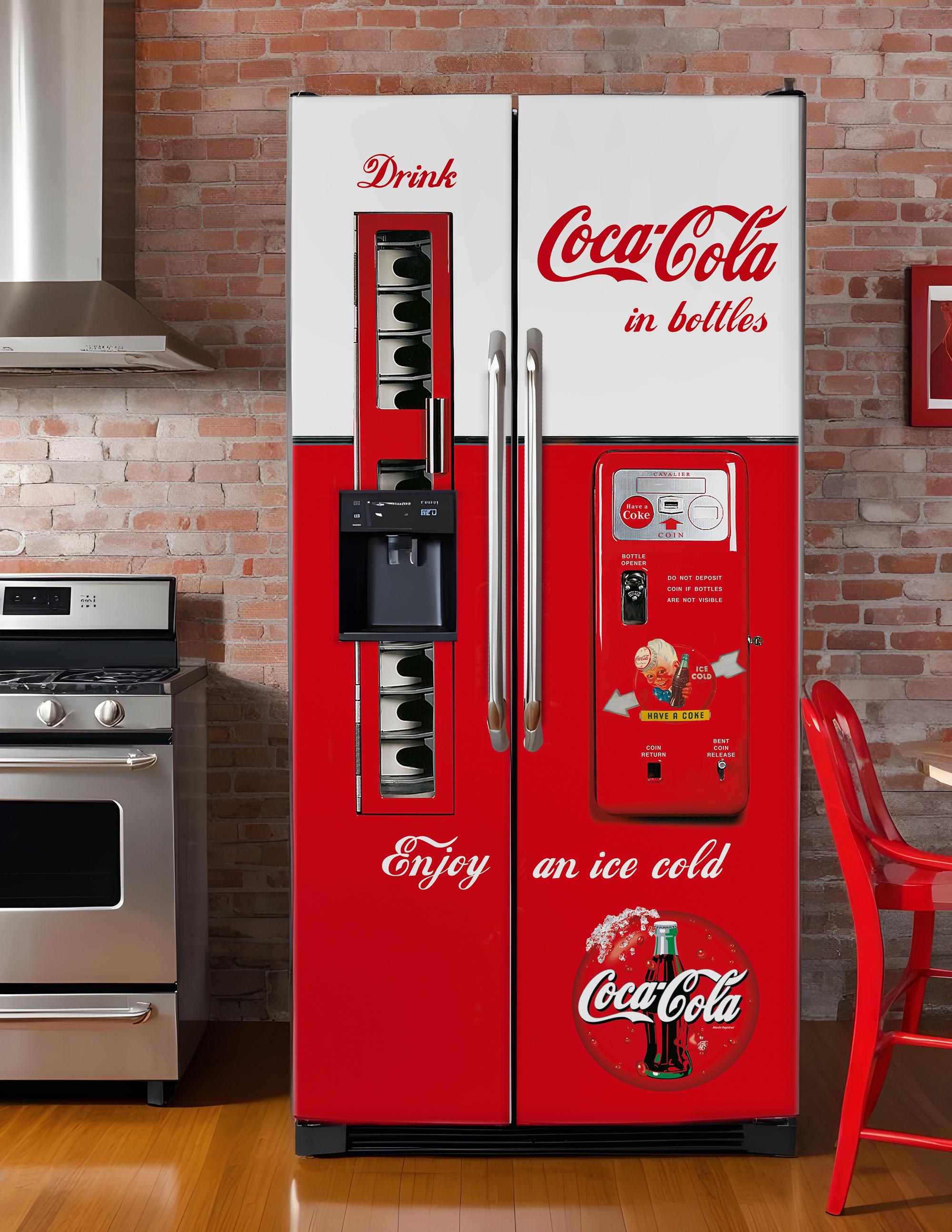 Vintage Vending Machine Fridge Wrap for Side by Side Refrigerator, Retro sign Coca Cola Fridge Decals, Top Bottom Freezer Vinyl, Fridge Skin