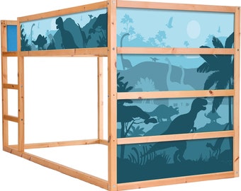 May include: A wooden loft bed with a dinosaur-themed mural in shades of blue. The bed frame is made of natural wood, and the mural features silhouettes of dinosaurs, trees, and mountains. The bed includes a built-in ladder.