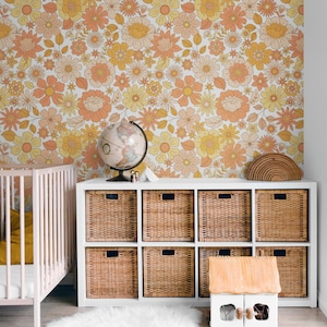Boho Flowers Wallpaper Peel & Stick, Carta da parati floreale retrò per la camera da letto delle ragazze, Carta da parati in vinile floreale rimovibile vintage autoadesiva