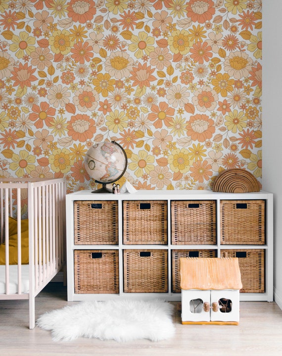 Yellow Peel And Stick Floral Wallpaper – Vintage Leaves Vinyl, Self-Adhesive Boho Contact Paper, 17.7 X 118 Inch Roll