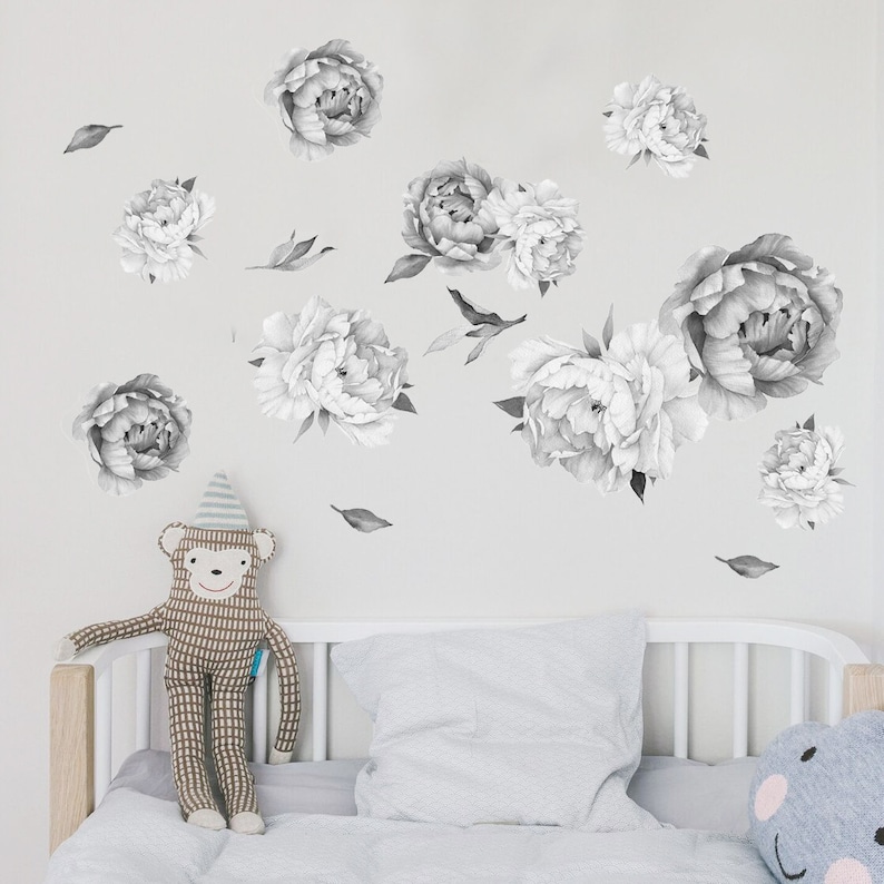 Peony Wall Decals Black and White Floral Wall Decals Etsy