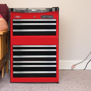 Toolbox MINI Fridge Wrap Vinyl for Garage, Mini Refrigerator Decal, Decor for Man Cave Red Craftsman Mini Fridge Cover Skin Garage Fridge