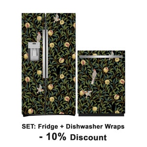May include: A set of two refrigerator and dishwasher wraps featuring a black background with a repeating pattern of green leaves, yellow pomegranates, and small birds. The text "SET: Fridge + Dishwasher Wraps - 10% Discount" is at the bottom of the image.