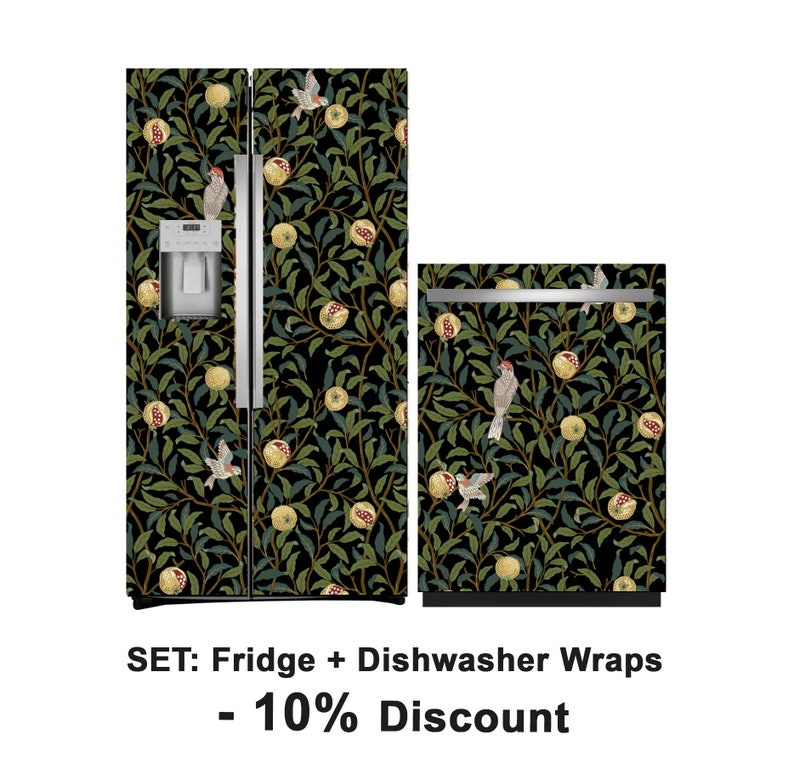 May include: A set of two refrigerator and dishwasher wraps featuring a black background with a repeating pattern of green leaves, yellow pomegranates, and small birds. The text "SET: Fridge + Dishwasher Wraps - 10% Discount" is at the bottom of the image.