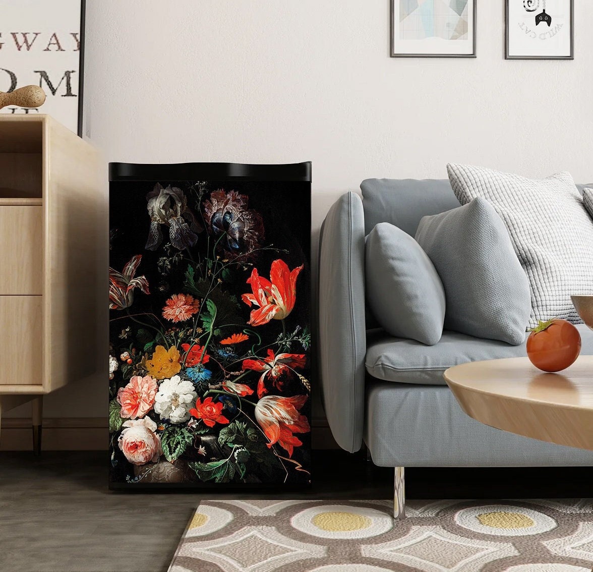Vinilo decorativo para nevera MINI con diseño floral, funda de vinilo vintage para nevera negra, calcomanía floral para mini nevera para dormitorio, p