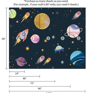 Pode incluir: Um mural de papel de parede com tema espacial com planetas, estrelas, um foguete e um OVNI. O mural &eacute; dividido em cinco se&ccedil;&otilde;es, cada uma com 24 polegadas de largura. O mural tem 96 polegadas de altura.