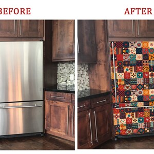 Patterned Refrigerator Farmhouse Refrigerator Wrap Side by Side Retro Style Patchwork Fridge ...