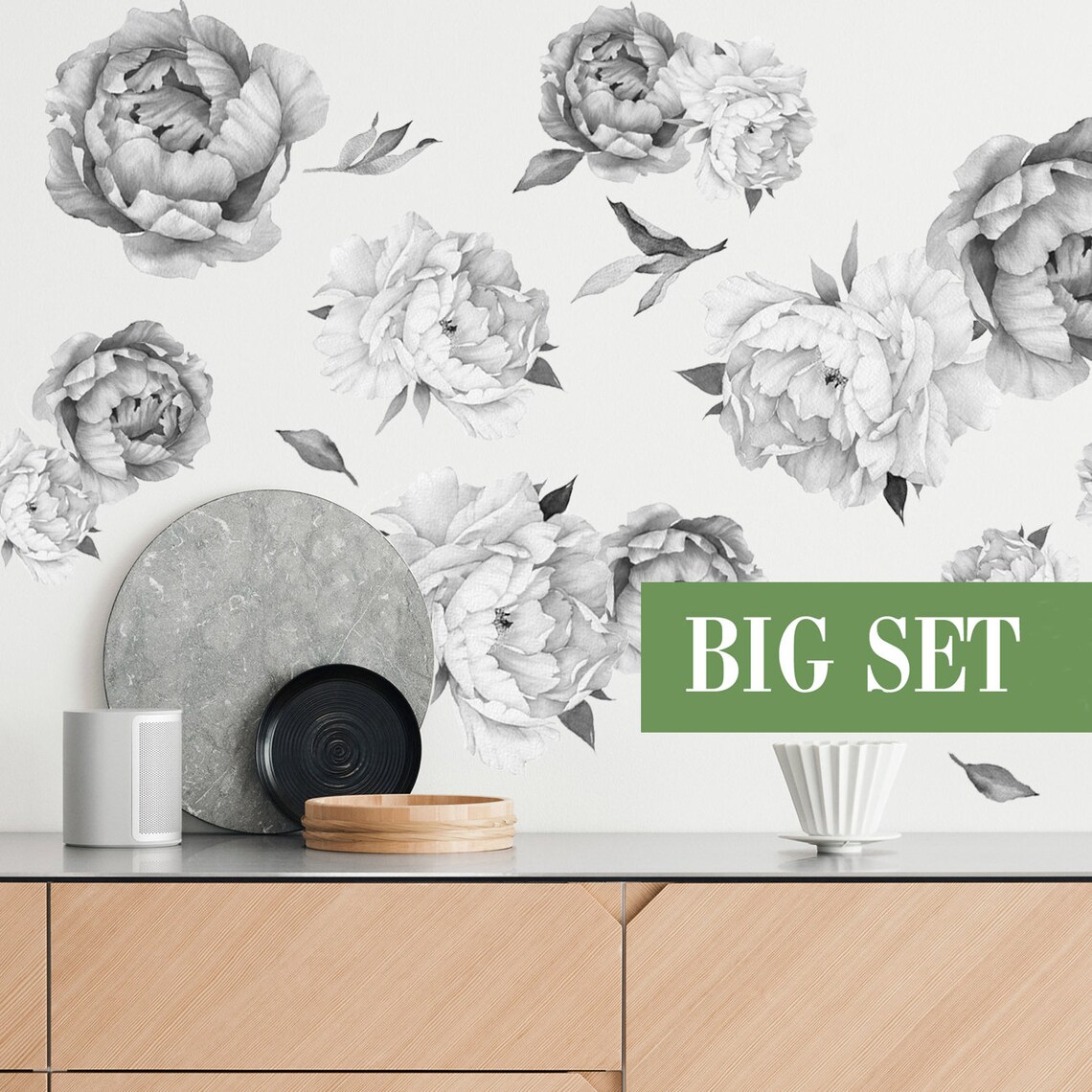 Peony Wall Decal Black and White Large Peonies Wall Decal Etsy