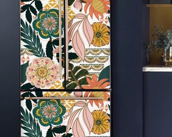 Fridge Wrap Bohemian, Refrigerator Vinyl Decorative French Door Decal, Self Adhesive Tropical Kitchen Decor