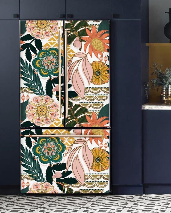 Fridge Wrap Bohemian, Refrigerator Vinyl Decorative French Door Decal, Self Adhesive Tropical Kitchen Decor