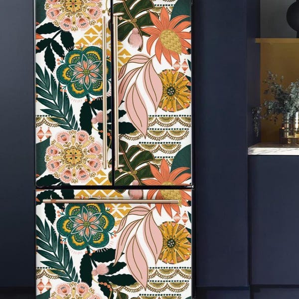 Fridge Wrap Bohemian, Refrigerator Vinyl Decorative French Door Decal, Self Adhesive Tropical Kitchen Decor