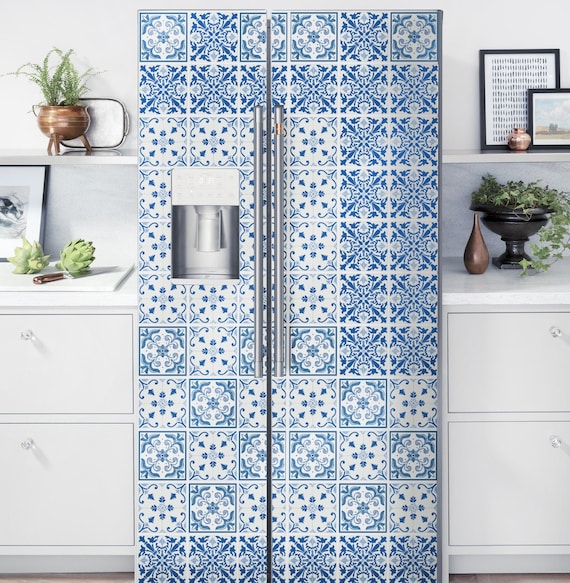 Blue Tiles Fridge Wrap Side by Side Refrigerator Decals Vinyl Wrap