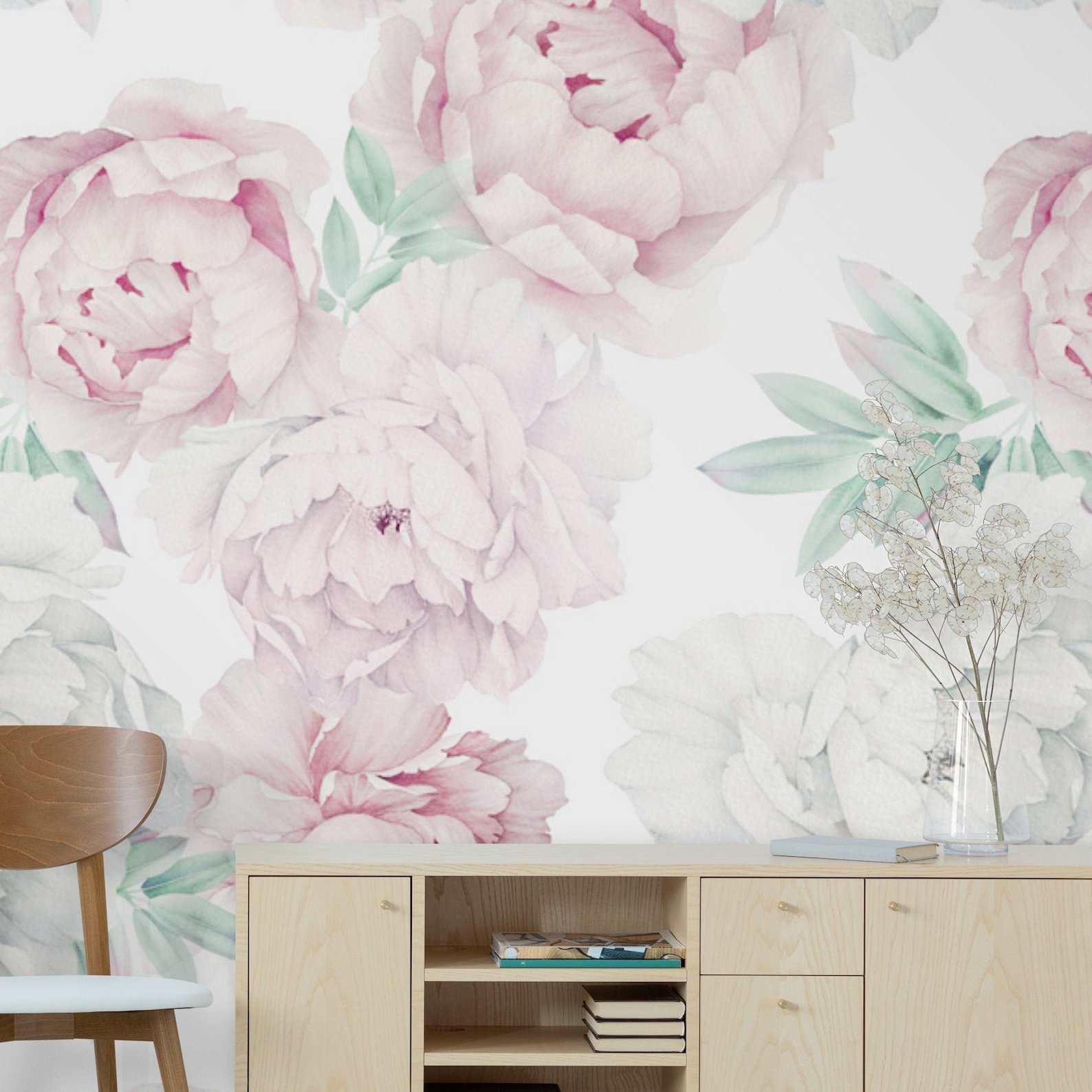 Pink Peony Wall Mural, Floral Wall Murals Peel and Stick, Peonies Wall ...