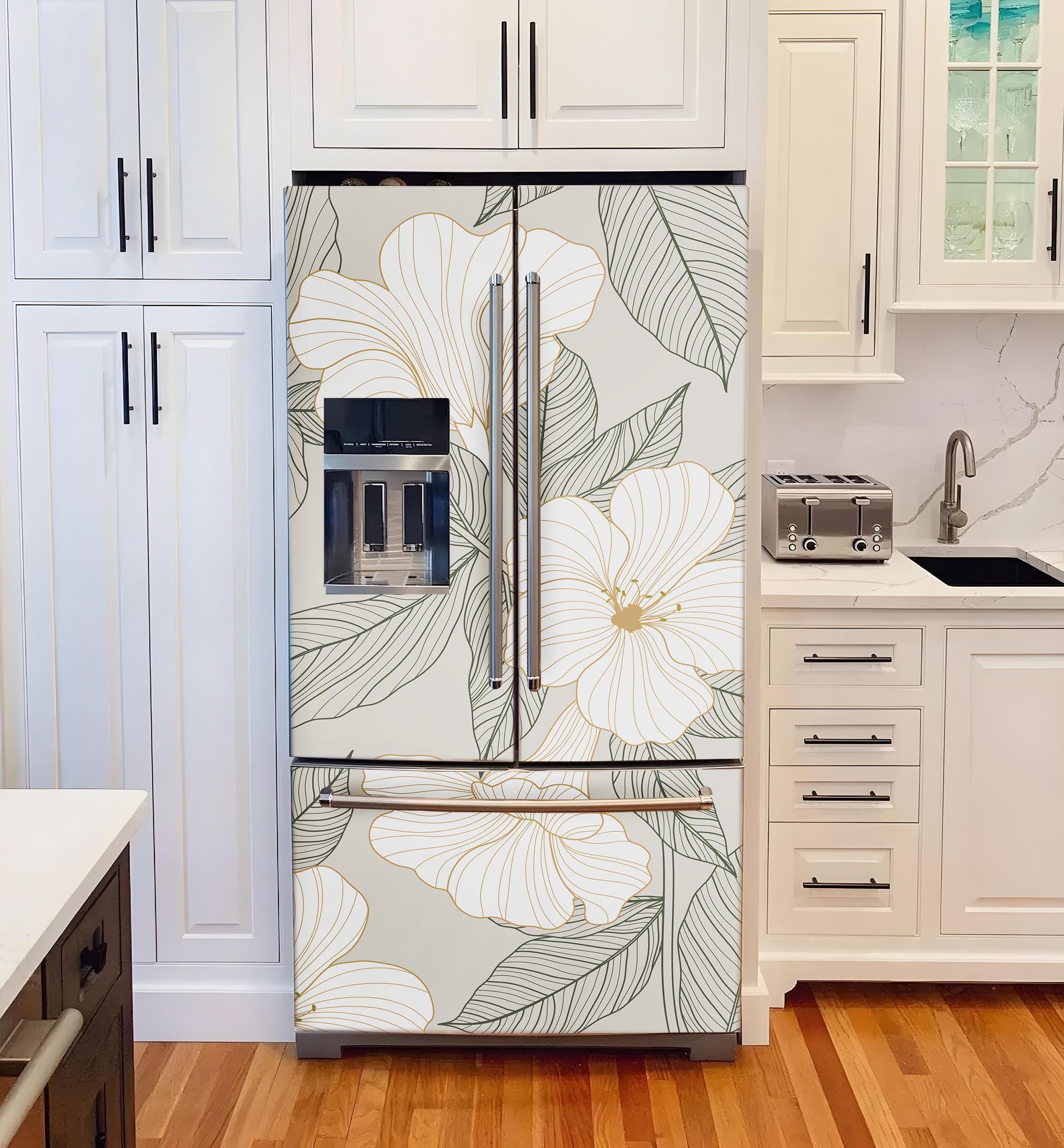 Fridge Wrap Vinyl Floral, Refrigerator Skin, Top Bottom Freezer Decals ...