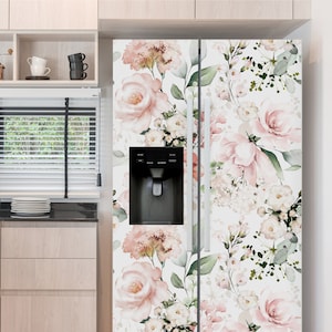 Fridge Wrap Vinyl Floral Pastel Refrigerator Wrap Side by Side Top Bottom Freezer Decorative Fridge Decal Self Adhesive Flower Kitchen Decor