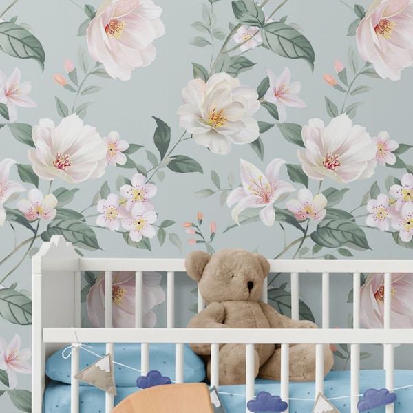 Floral Wallpaper Nursery or Girls Room, Flower Wallpaper Peel & Stick, Watercolor Floral Wallpaper Mural, Self Adhesive Removable Wallpaper