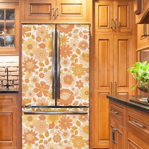 Retro Fridge Wrap Floral Boho Refrigerator Wrap Vinyl Side by Side Vintage Flower Fridge Decals Decorative Self Adhesive Kitchen Decor