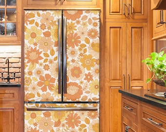 Retro Fridge Wrap Floral Boho Refrigerator Wrap Vinyl Side by Side Vintage Flower Fridge Decals Decorative Self Adhesive Kitchen Decor