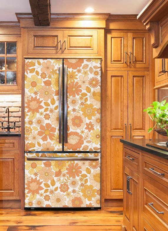 Retro Fridge Wrap Floral Boho Refrigerator Wrap Vinyl Side by Side Vintage  Flower Fridge Decals Decorative Self Adhesive Kitchen Decor 