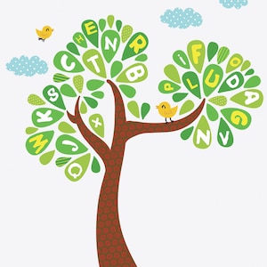 Puede incluir: Un &aacute;rbol verde con un tronco y ramas marrones. Las hojas tienen forma de l&aacute;grima y tienen letras del alfabeto. Hay dos p&aacute;jaros amarillos en las ramas.